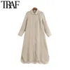 TRAF Women Chic Fashion Pockets Linen Asymmetric Midi Shirt Dress Vintage Long Sleeve Button-up Female Dresses Mujer 210415