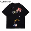 Harajuku T-Shirts Embroidery Cherry Blossoms Tower Mountain Print Tshirts Hip Hop Summer Streetwear Short Sleeve Tops 210602