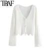 TRAF Women Fashion Button-up Loose Cropped Irregular Cardigan Sweater Vintage Long Sleeve Female Outerwear Chic Tops 210415