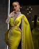 2021 Lemon Luxury Crystal Mermaid Formell Prom Klänningar med Cloak One Full Sleeves Hög krage Beaded Long Evening Gowns Vestidos de Noiva