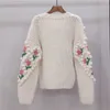 H.SA女性の冬の手作りのセーターとカーディガンの花の刺繍が中空アウトシックニットジャケット真珠ビーズ211007