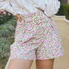 Korta Rom Peonies Print High Waist Fickor Lossa Casual S Femme Belt Elegant Chic Taille Haute Et Jambe Évasée 210722