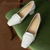 Genuine Leather Women Shoes Thick Heels Square Toe Pumps Causal High Heel Ladies Footwear 2022 Spring Beige Apricot 40 Y220225