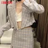 Mode Kvinnor Plaid Tweed Cropped Blazer Coat Långärmad Kvinnlig Ytterkläder Be614 210416