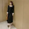 Vintage Lace Lace Manga Velho Vestido Inverno Negro Mulheres Designer Maxi Korean Lady Party Goth Spring 210604