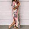 Casual Boho Beach Dresses Womens Tie-Dye Printed O-Neck Party Summer Maxi Dress Sexy Split Short Sleeve Loose Long 2021