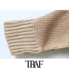 TRAF Women Fashion Patchwork Loose Knitted Sweater Vintage V Neck Batwing Sleeve Female Pullovers Chic Tops 210415