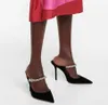 Şarap kırmızısı / Siyah Kadife Bing Sandalet Ayakkabı Seksi Sivri Burun Kristal Sapanlar Katır Pompaları Bayan Yüksek Topuklu Elbise Parti Düğün Gelin Hediye Kutusu Ile EU35-43