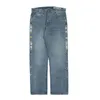 Firtranch Men / Women Ретро мытье ювелирных изделий Вышитые светлые голубые джинсы повседневные прямые джинсовые джинги свободные длинные брюки