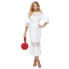 Kobiety Sukienka Rękaw Puff Koronki Patchwork Bandaż Sexy Sukienki Hollow Out Vintage White Plus Size Moda 210524