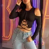 Spring Women T Shirt Solid Färg Lace Up Bandage Långärmad Fitness träning Sexig Hollow Out Open Open Axel Crop Top Tie Tees 210517