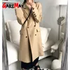 Damskie Blazers Moda Khaki Blazer Casual Z Przyciskami Elegancki V Neck Vintage Kurtka Kurtka Długa Kobieta Oversize Classic 210428