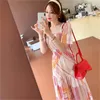夏の韓国の格子縞の女性ロングドレス半袖スクエアカラーAラインプリーツのドレスエレガントなファッションレディースvestidos 210513