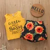 Conjunto de ropa para niñas pequeñas, chaleco sin mangas con letras y pantalones cortos con estampado de girasol, conjuntos de ropa informal para niños, conjuntos de chándal