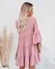 Summer Dress Women Pink Elegant Midi Sleeve Ruffle Mini Vintage Dress Sweet V Neck Party Clothes Robe Femme Y2k Vestidos 210715