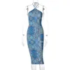 Hugcitar 2021 Senza maniche Halter Fasciatura Blu Paisley Stampa Petto-Avvolgere il Vestito Estate Moda Donna Streetwear Y2K Abiti Y1204