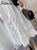 Wysoka elastyczna talia biała nieregularna spódnica wzburzona z bowknot półprzestrzenną shirring plisą długie kobiety koreańskie lato mody 210514