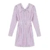 Kvinnor Spring Dress Lace Up Slå ner Krage Långärmad A-Line Elegant Mini Striped Pink D1908 210514