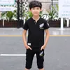 Summer Teens Boy Clothing Sets 4 To 14 Year Feather Embroidery Black White Yellow T Shirt Shorts Two Piece Kids Boy Sport Suit X0802