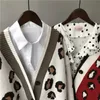 Outono inverno tricotadas blusas de leopardo mulheres coreano de espessura painéis cardigan casaco solto listrado outwear tops 210914