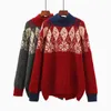 H.SA Women Retro Vintage Oneck Snowflake Loose Sweater and Jumpers Half Turtleneck Casual Pull Sweaters Knitwear Red Tops 210417