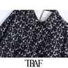 TRAF Women Fashion Oversized Leopard Print Asymmetrisk Jacka Coat Vintage Långärmad Pocket Kvinna Ytterkläder Chic Toppar 210415