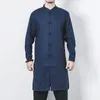 IEFB Chinese Style Big Size Cotton Linen Long Shirt Men's Casual Coil Button Stand Collar Side Split Robe For Male Spring 210524