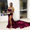Burgundy Gold Beading Tassel Prom Dresses Appliques Lace Sexy Thigh Split Velvet Evening Gowns Sheer Scoop Neck Robes De Soiree