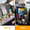 Organizador de asiento trasero de coche con soporte para tableta con pantalla táctil + 9 bolsillos de almacenamiento, alfombrillas, protectores de respaldo de asiento de coche para niños pequeños