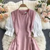 Singreiny Women Franska Solid Klänning Elegant Söt Puff Sleeve O Neck A-Line Office Klänningar Sommar Fashion Streetwear Midi Dress 210419