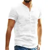 Mężczyzna z krótkim rękawem Lniana Przycisk T-shirt O-Neck Fashion Lato Solid Casual Cotton Henley Luźna Bluzka Tee Top Men Odzież 210716