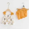 Summer Cute Bow Suspenders Suit Cotton Sleeveless Top Bread Shorts Two Piece Baby Girl Set 210417