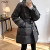 Ftlz vinter ultra ljus docka collarjacket kvinnor singel breasted vit anka down coat löst varm snö sash binda upp söta outwear 210430