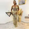 Afrikanische Aso Ebi Sexy Gold-Spitze-Abschlussballkleider mit schierem Ausschnitt, Illusion, langen Ärmeln, Übergröße, Perlenapplikationen, formelle Abendkleider 5s4