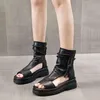 Sandálias de couro macio planas femininas grossas pão de ló boca de peixe 2021 primavera e verão gladiador cano alto