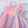 Sommar ärmlös tjej klänning mode regnbåge sequin mesh sling prinsessa söt fest 210515