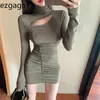 Ezgaga turtleneck mulheres sexy vestido manga comprida mola moda slim cintura sólida oca out bodycon vestido elegante vestidos 210430