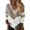 Kvinnor Elegant Patchwork Print Knit Tröja Höst Sexig V-Neck Långärmad Pullover Toppar Damer Vinter Casual Loose Jumper 210918