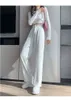 Mulheres calças elástico cintura larga perna moda feminino branco primavera outono solto casual cintura alta calças longas femininas calças chiques 211112