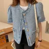 Women Vests Summer Korean Chic Temperament Round Neck Tassel Stitching Pearl Button Loose Puff Sleeve Tweed Coat 210514