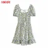 Tangada Summer Women Back Lace Up Flowers Print French Style Dress Puff Short Sleeve Ladies Sundress 3H557 210609