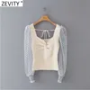 Zevity Spring Women Sweet Dots Mesh Sleeve Patchwork Short Knitting Blouse Femme Knotted Slim Shirt Chic Blusas Tops LS7566 210603