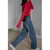 Frauen Hohe Taille Jeans Freizeit Breite Bein Hosen Blau Taschen Streetwear Vintage Zipper Gerade Denim Hosen Frühling Weibliche 210417