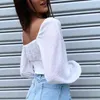Puff Long Sleeve Crop Tops Women Button Up Vintage White Summer Female Cotton Short Blouse Blusa Mujers 210427