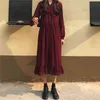 Mujeres con cordones de manga larga femenina una línea vintage vestido suelto lunares estampado gasa vestidos femme otoño 10860 210518