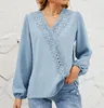European And American Women's Clothing 2022 Spring And Summer New Lady Elegant Chiffon Wool Ball Lace Shirt V-neck top