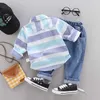 1 2 3 4 Years Kid Toddler Boy Fashion Suit Clothing Cotton Baby Spring Autumn Outwear Big Striped Shirt with Jeans Children Kits X0802