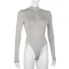 Omsj solid skinny höstkroppar damer grå långärmad casual dragkedja turtleneck slim bodycon rompers grundläggande träning bodysuit 210517