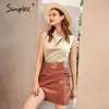 Casual lace up A-line women short Fashion package Hip high Waist female pu leather Office lady mini skirt 210414