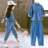 Denim Kids Clothing Set Casual Children Two Piece Suit Solid Blue Jeans Tops Pants Teenage Girl Set Spring Autumn Tracksuit1730982